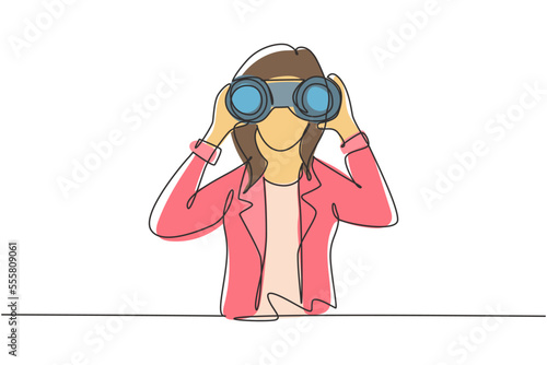 Single one line drawing young business woman looking through binoculars searching for job. Find all opportunities in the world of suitable jobs. Continuous line draw design graphic vector illustration