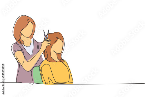 Continuous one line drawing Going for change of style. Beautiful woman discussing hairstyling with her hairdresser holding scissors while sitting in hairdressing salon. Single line draw design vector