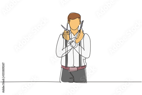 Single one line drawing barber scissors and straight razor. Vintage barbershop, shaving. Mustache men. Beard macho man. Portrait beard man. Continuous line draw design graphic vector illustration