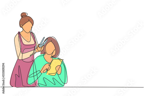 Single one line drawing young women sitting in beauty hair salon style, reading the magazine and waiting for result. Hair style beauty concept. Continuous line draw design graphic vector illustration
