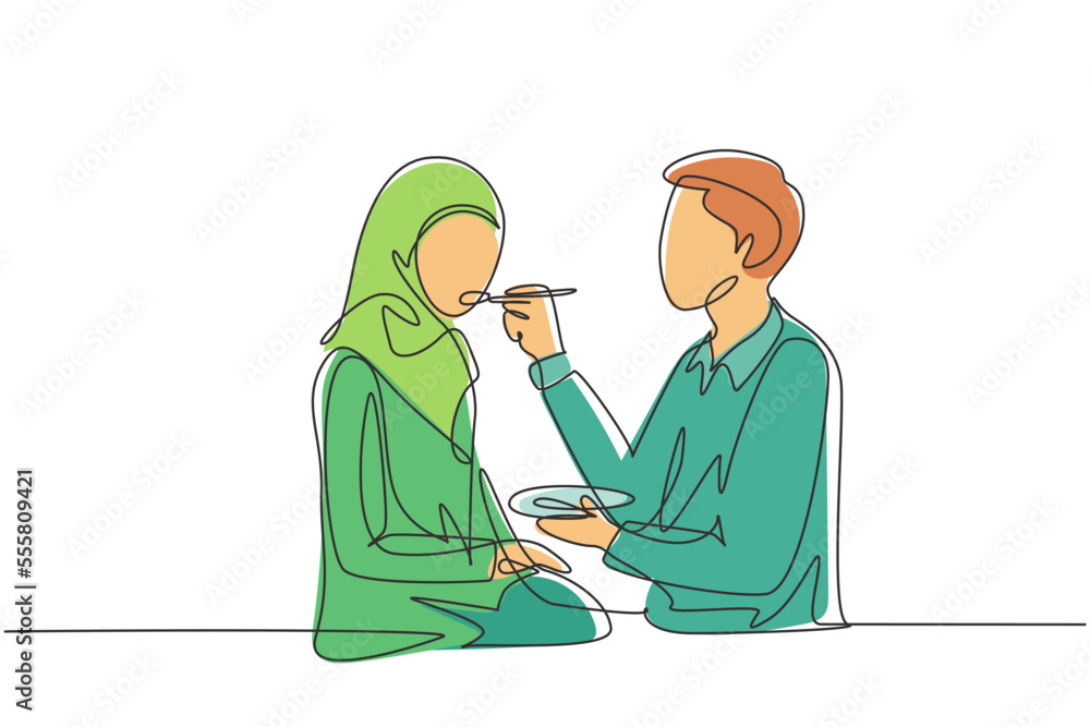 Continuous one line drawing romantic Arabian male feeds his wife. Happy young couple dinner together at restaurant. Celebrate wedding anniversaries. Single line draw design vector graphic illustration Continuous one line drawing romantic Arabian male feeds his wife. Happy young couple dinner together at restaurant. Celebrate wedding anniversaries. Single line draw design vector graphic illustration