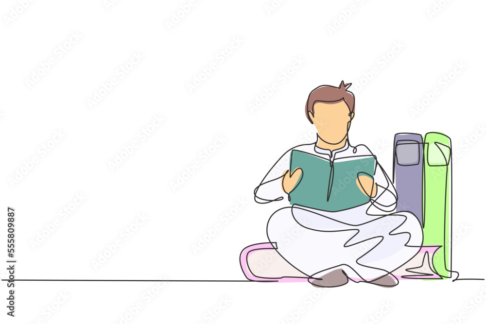 Single one line drawing young Arabian male reading, learning and sitting on big books. Study in library. Literature fans or lovers. Modern continuous line draw design graphic vector illustration Single one line drawing young Arabian male reading, learning and sitting on big books. Study in library. Literature fans or lovers. Modern continuous line draw design graphic vector illustration