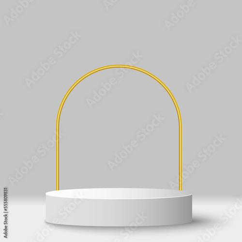 Minimalistic 3d podium with golden arc for display your brand products. Vector illustration