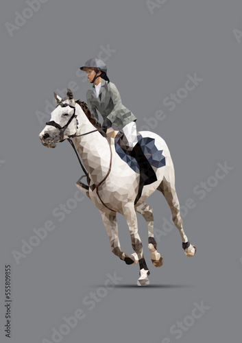 Graphics design drawing polygon style horse racing woman for the race with gray background vector illustration