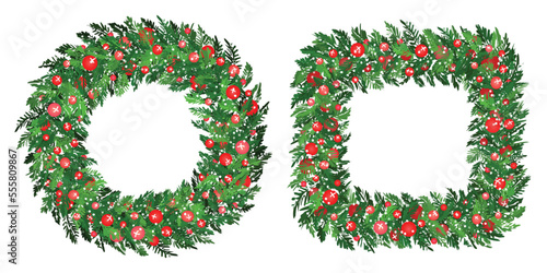 New Year's sketch of the Christmas wreath with falling snow. Traditional winter garland with red balls on evergreen branches, isolated on white background. Set of frames for Happy xmas greeting card