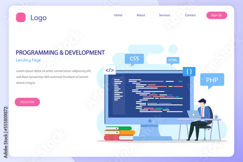 Programmers at work concept, People work on table using laptops programming and coding, programming languages. css, html, PHP, ui. Flat vector template style Suitable for Web Landing Pages.