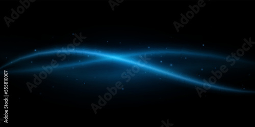 Abstract moving light effect with magical flying dust on black background. Glowing blue trail with sparks. Vector illustration
