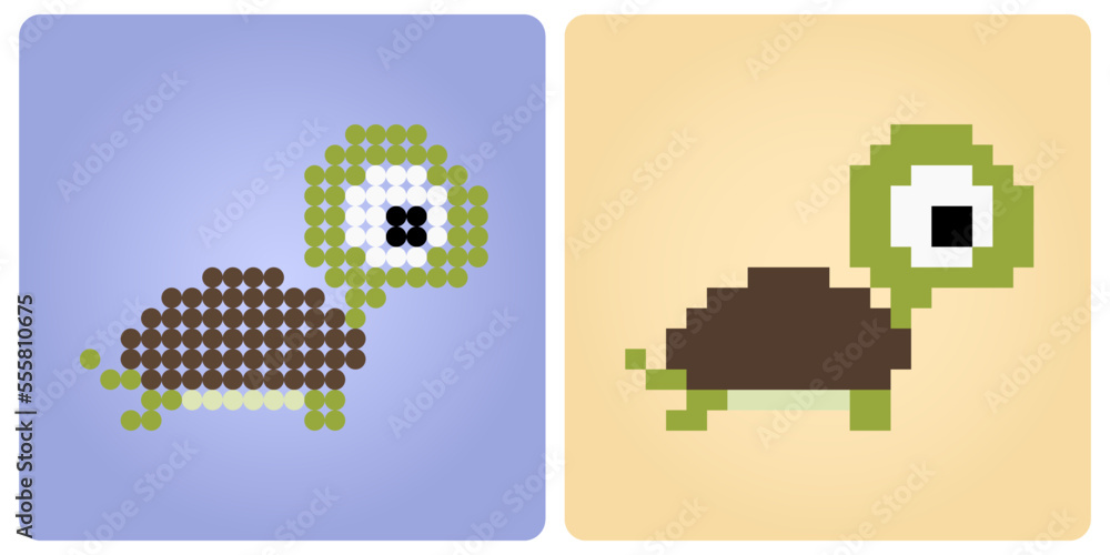 8-bit Pixel a turtle. Animal pixels in Vector illustration for game asset or beads pattern.