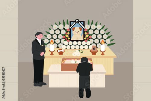 A funeral for a pet. A picture of a table with food and a dog decorated with flowers. family in mourning.