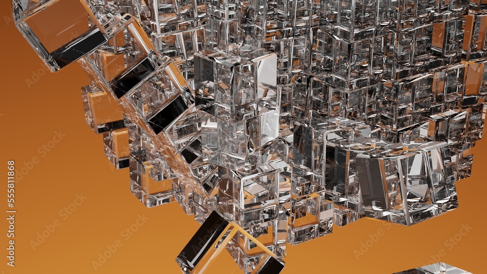 A set of many clear glass cubes that are collapsing under emerald orange lighting background. Conceptual 3D CG of blockchain, financial system and personal data analysis. A set of many clear glass cubes that are collapsing under emerald orange lighting background. Conceptual 3D CG of blockchain, financial system and personal data analysis.