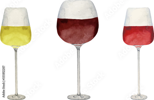 Watercolor illustration of high glasses of red rose and white wine isolated on white