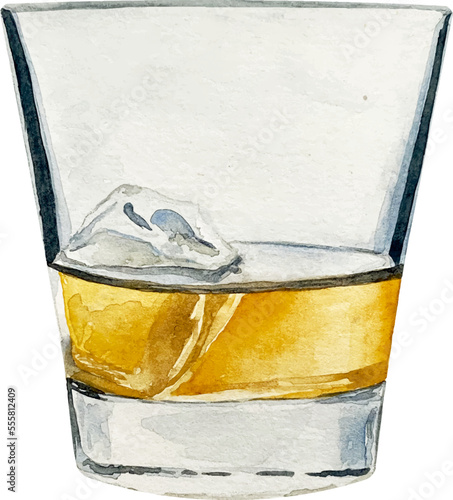 Watercolor scotch whisky glass with alcohol and ice cube isolated on white