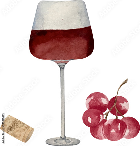 Watercolor high glass of red wine with grapes isolated on white