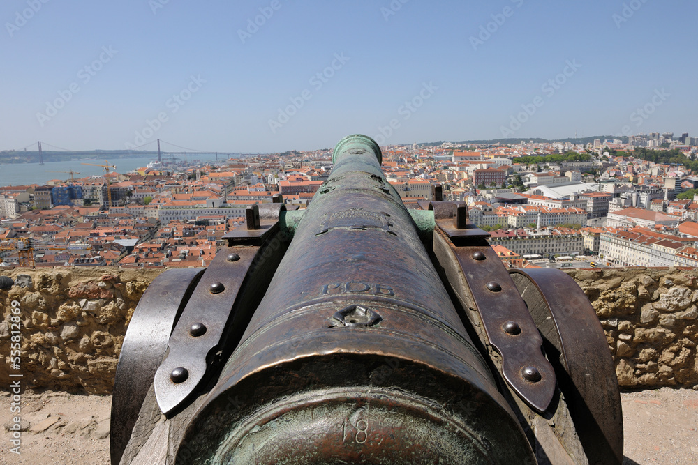 View of Lisbon from Castelo de Sao Jorge with Cannon in Foreground, Lisbon, Portugal View of Lisbon from Castelo de Sao Jorge with Cannon in Foreground, Lisbon, Portugal
