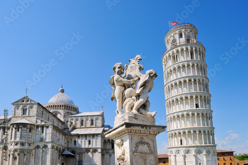 Fontana Dei Putti with Leaning Tower of Pisa and Duomo de Pisa, Piazza dei Miracoli, Pisa, Tuscany, Italy photo
