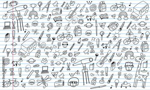 Concept of Education Home School background chalkboard with different stuff. Welcome back to school design vector.
