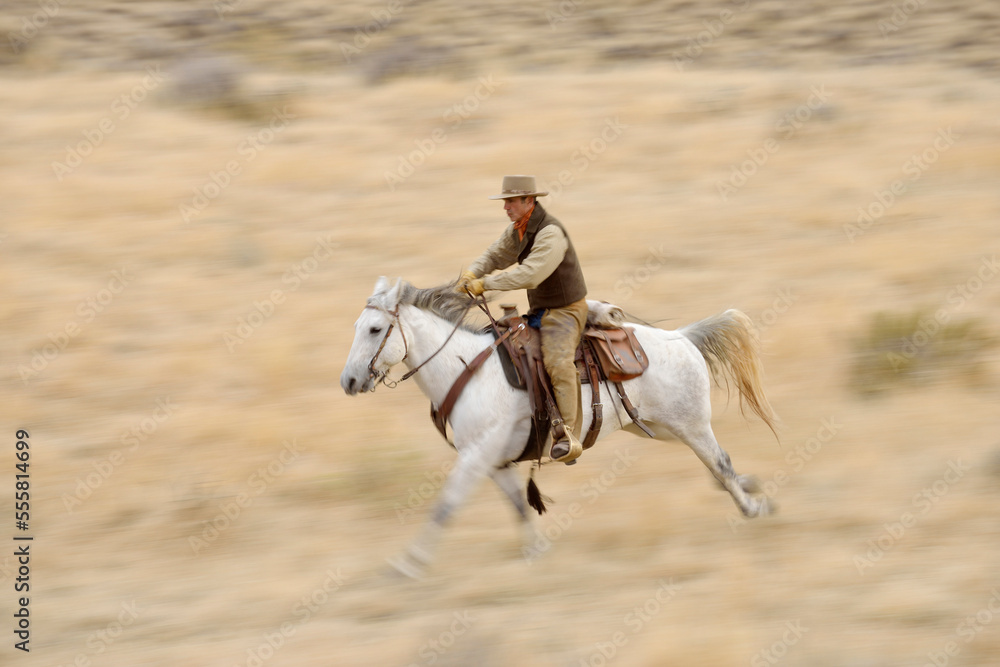 Blurred motion of cowboy on horse galloping in wilderness, Rocky Mountains, Wyoming, USA Blurred motion of cowboy on horse galloping in wilderness, Rocky Mountains, Wyoming, USA