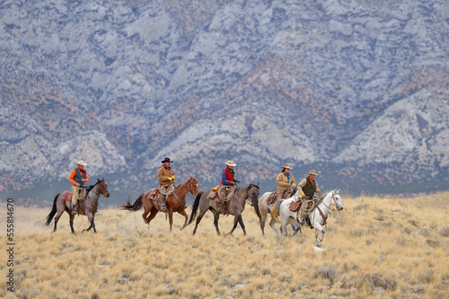 Cowboys and Cowgirls riding horses in wilderness, Rocky Mountains, Wyoming, USA photo