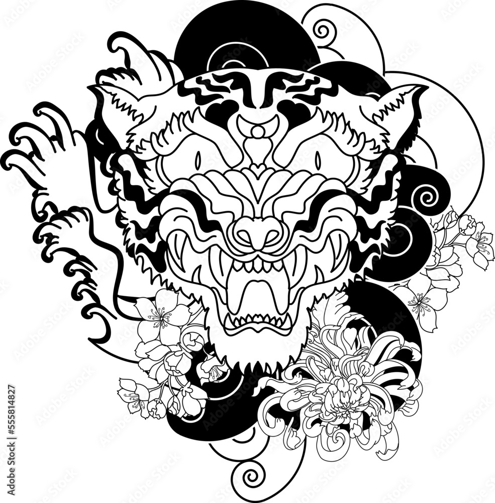 Fototapeta premium colorful traditional tattoo style Tiger face with cherry blossom and hibiscus flower on could and red rising sun background.Chinese Tiger roaring tattoo.