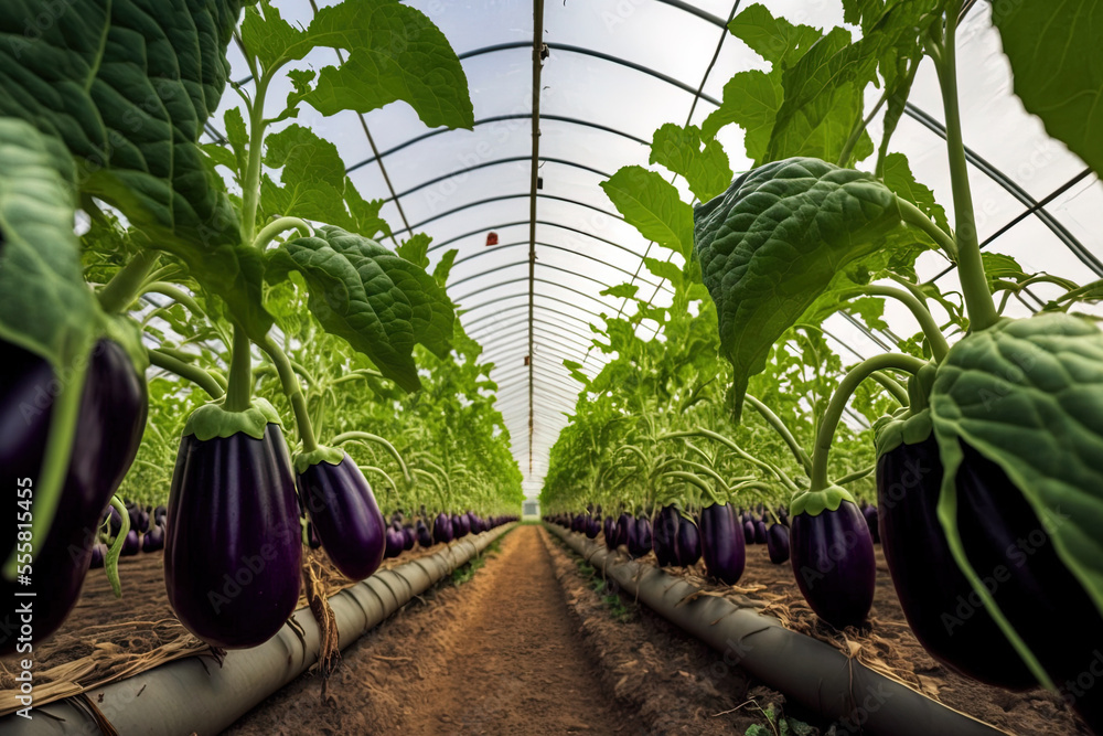 Plants for aubergine eggplants are in a modern greenhouse. Aubergine