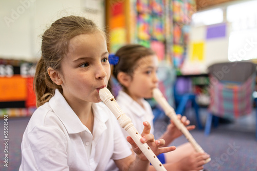 Two Schoolgirls Playing Recorder in Classroom photo