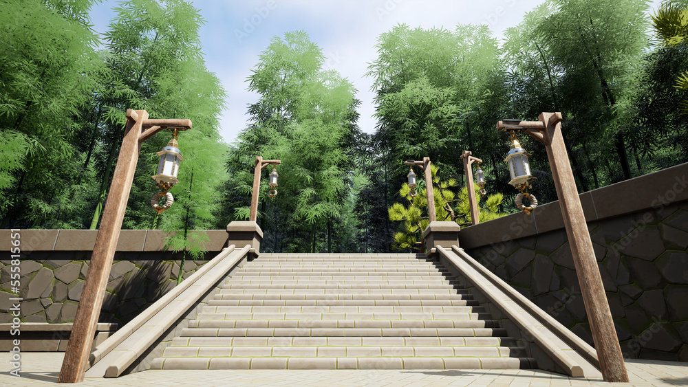 Stairs leading up to a shady bamboo forest in a virtual park, 3d illustration, Metaverse concept art, stylized cartoon realistic style