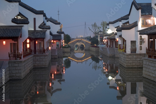 Buildings along Canal at Dusk, Yancheng Remains, Wujin District, Changzhou, China photo