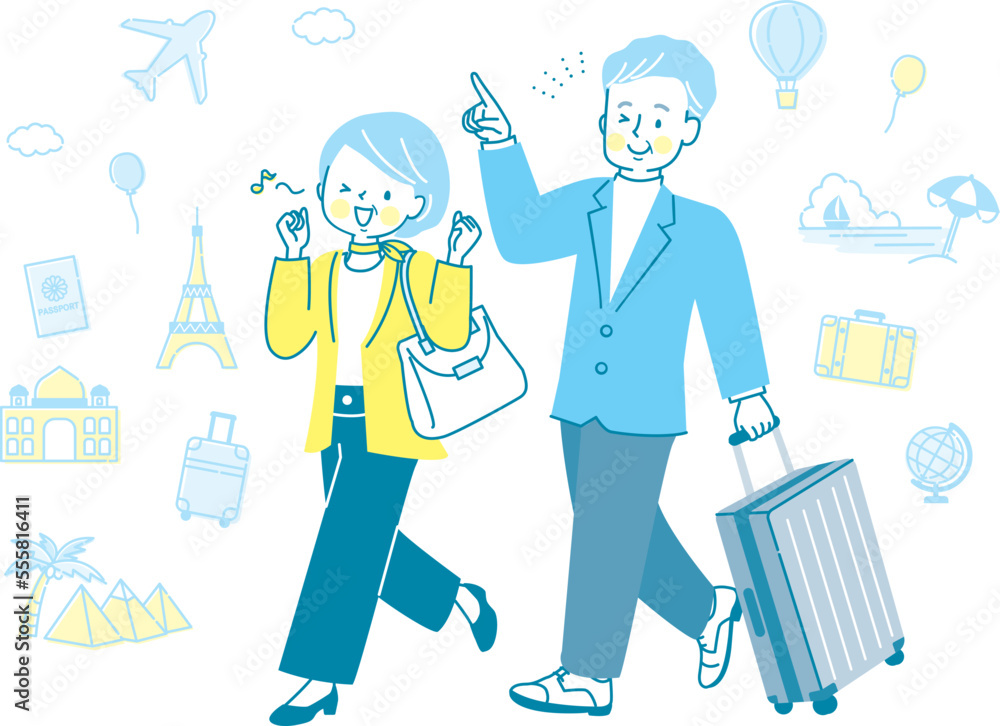 仲良く旅行する中年夫婦のイラスト素材 仲良く旅行する中年夫婦のイラスト素材