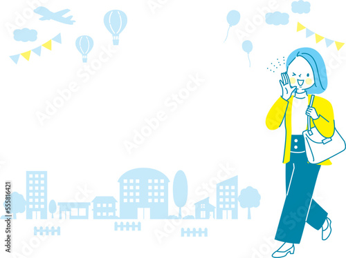 お出かけする若い女性と街並みのベクターイラストセット