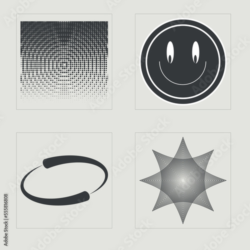 Brutalism shapes. Big collection of abstract graphic geometric symbols. Modern abstract forms. Isolated on black background. Vector illustration