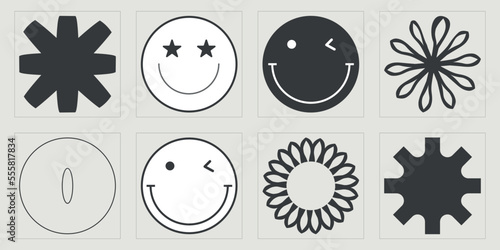Vector set of Y2K. Retro futuristic graphic ornaments. Flat minimalist icons. Anti-design. Vector illustration