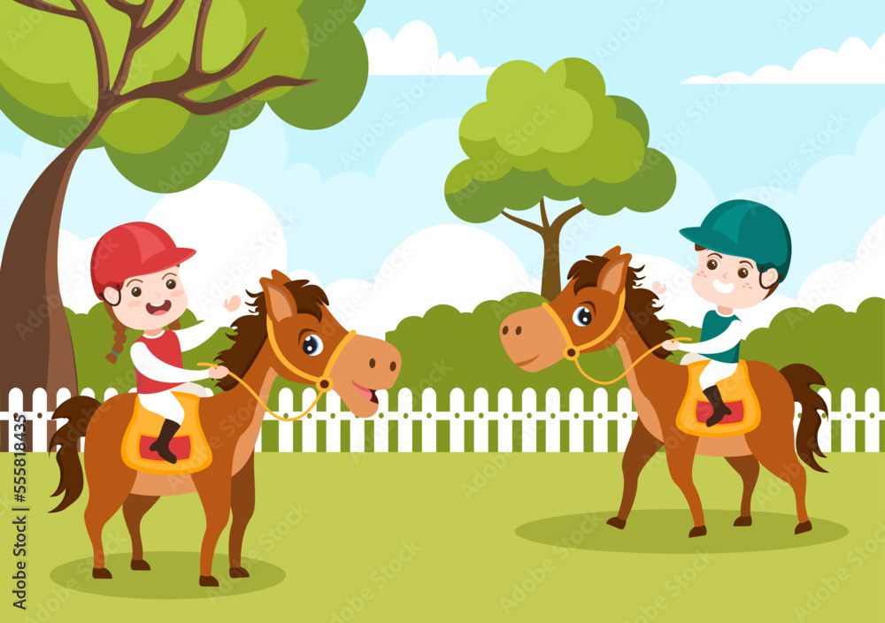 Obraz premium Equestrian Sport Horse Trainer with Kids Riding Horses and Running in Flat Cartoon Hand Drawn Template Illustration