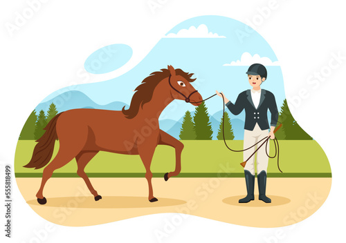 Equestrian Sport Horse Trainer with Training, Riding Lessons and Running Horses in Flat Cartoon Hand Drawn Template Illustration