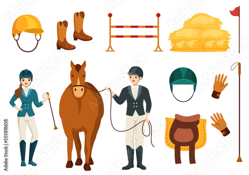 Equestrian Sport Horse Trainer with Training, Riding Lessons and Running Horses in Flat Cartoon Hand Drawn Template Illustration