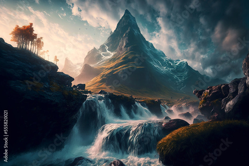 stunning mountain peak waterfall. Generative AI