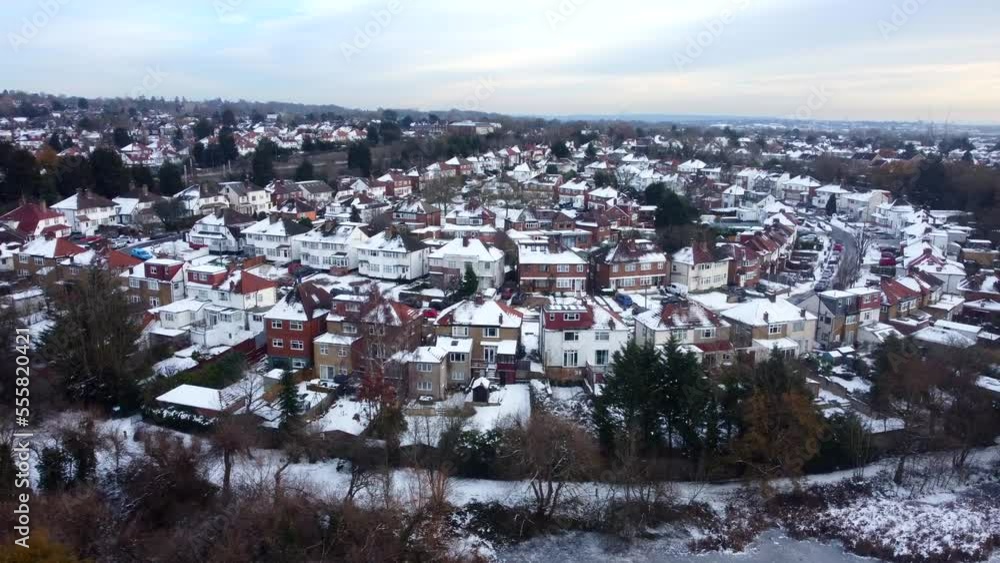 Establishing shot London suburb with snow in winter. Heating and electricity bill issue Establishing shot London suburb with snow in winter. Heating and electricity bill issue