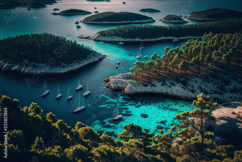 Paklinski Islands seen from above in Croatia's Hvar. bays with turquoise water and opulent sailing vessels. Toned picture. Generative AI
