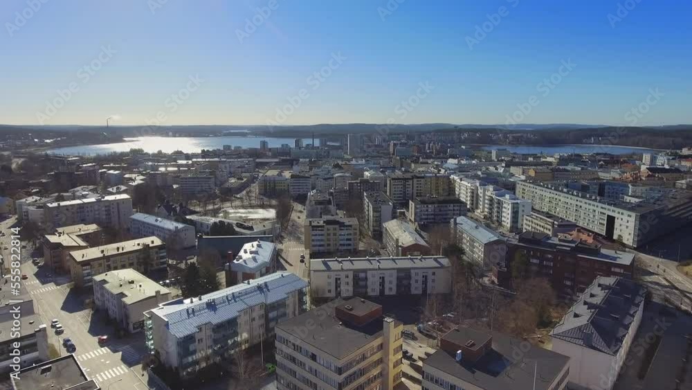 Panoramic aerial view of a downtown and lakes in spring morning sunrise Panoramic aerial view of a downtown and lakes in spring morning sunrise