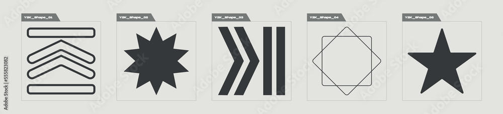 Vector set of Y2K. Big collection of abstract graphic geometric symbols. Cyberpunk elements. Retro Futurist. Vector illustration Vector set of Y2K. Big collection of abstract graphic geometric symbols. Cyberpunk elements. Retro Futurist. Vector illustration