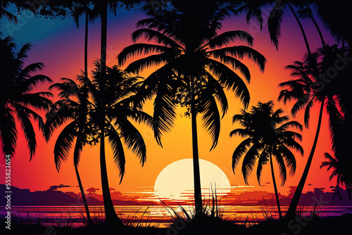 Palm palms in silhouette on a tropical beach at sunset. Generative AI