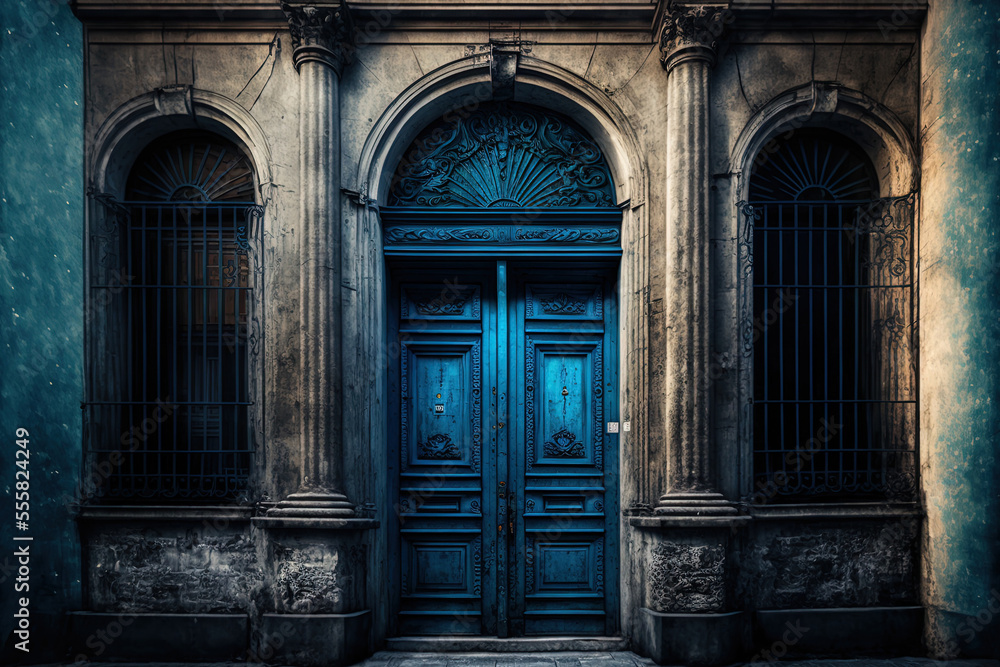 Old building facade with blue doors. Generative AI