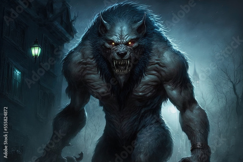 Fotografie, Obraz Nighttime werewolf wolf monsters. Generative AI