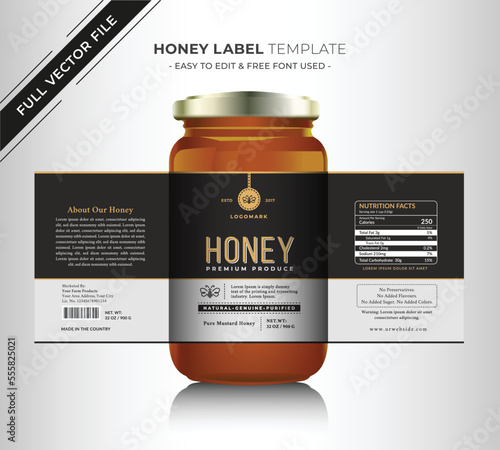 Pure Honey design glass jar bottle, creative and modern health product branding black label new packaging, vector editable label design template,
food label packaging.