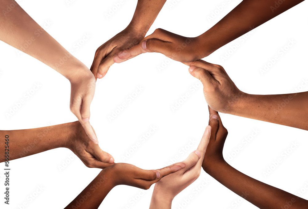 Conceptual symbol of multiracial human hands making a circle on white background with a copy space in the middle. The concept of unity, cooperation, partnership, teamwork and charity. Conceptual symbol of multiracial human hands making a circle on white background with a copy space in the middle. The concept of unity, cooperation, partnership, teamwork and charity.