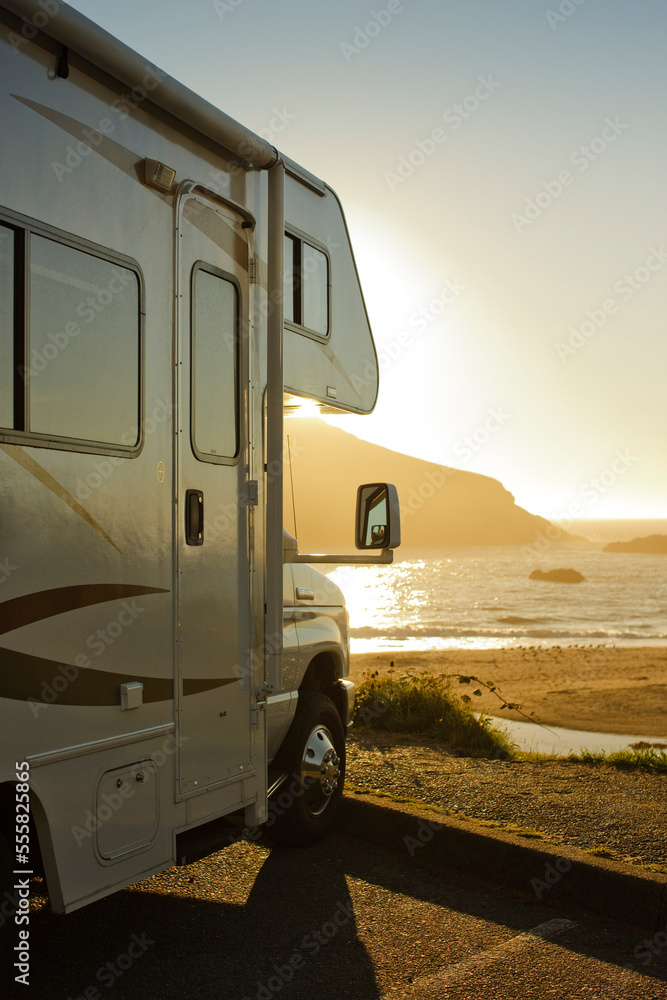 Motor Home Parked by the Ocean at Dusk, Harris Beach State Park, Brookings, Oregon, USA Motor Home Parked by the Ocean at Dusk, Harris Beach State Park, Brookings, Oregon, USA