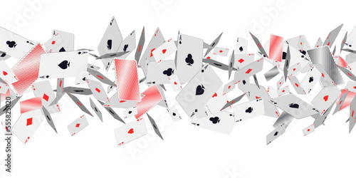 Falling playing cards on white. Seamless pattern with falling playing cards with symbols of diamonds, clubs, hearts and spades. Vector illustration for casino, game design, advertising, ads of parties