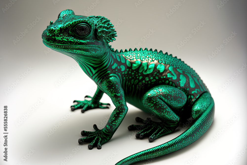 Obraz premium Malachite lizard salamander figurine with a white backdrop. Generative AI