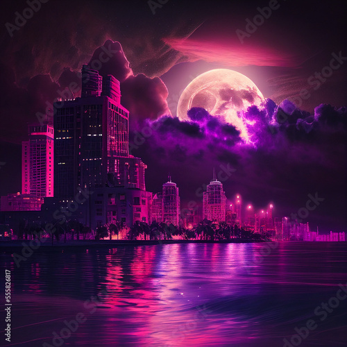 Coastal city skyline by moonlight created with generative AI technology