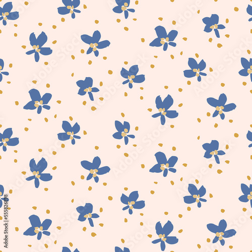 Falling pollen and flowers in a color palette of cobalt blue and yellow over peach background. Great for home decor, fabric, wallpaper, gift-wrap, stationery, and packaging projects. 