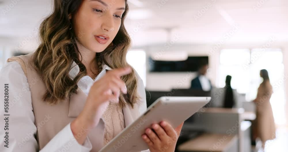 Search, tablet and business woman in office for communication, internet or social media. Technology, networking and planning with employee thinking for online news, digital marketing or data analysis Search, tablet and business woman in office for communication, internet or social media. Technology, networking and planning with employee thinking for online news, digital marketing or data analysis